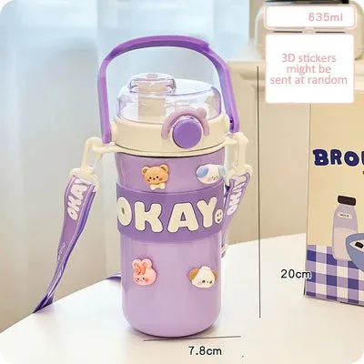 SINOTAO   -  Kawaii Thermal Water Bottle With Straw Sticker Stainless Steel Thermos Keep Cold Hot Coffee Bubble Tea Cute Bottle For Kid Girl