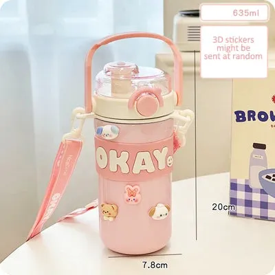 SINOTAO   -  Kawaii Thermal Water Bottle With Straw Sticker Stainless Steel Thermos Keep Cold Hot Coffee Bubble Tea Cute Bottle For Kid Girl