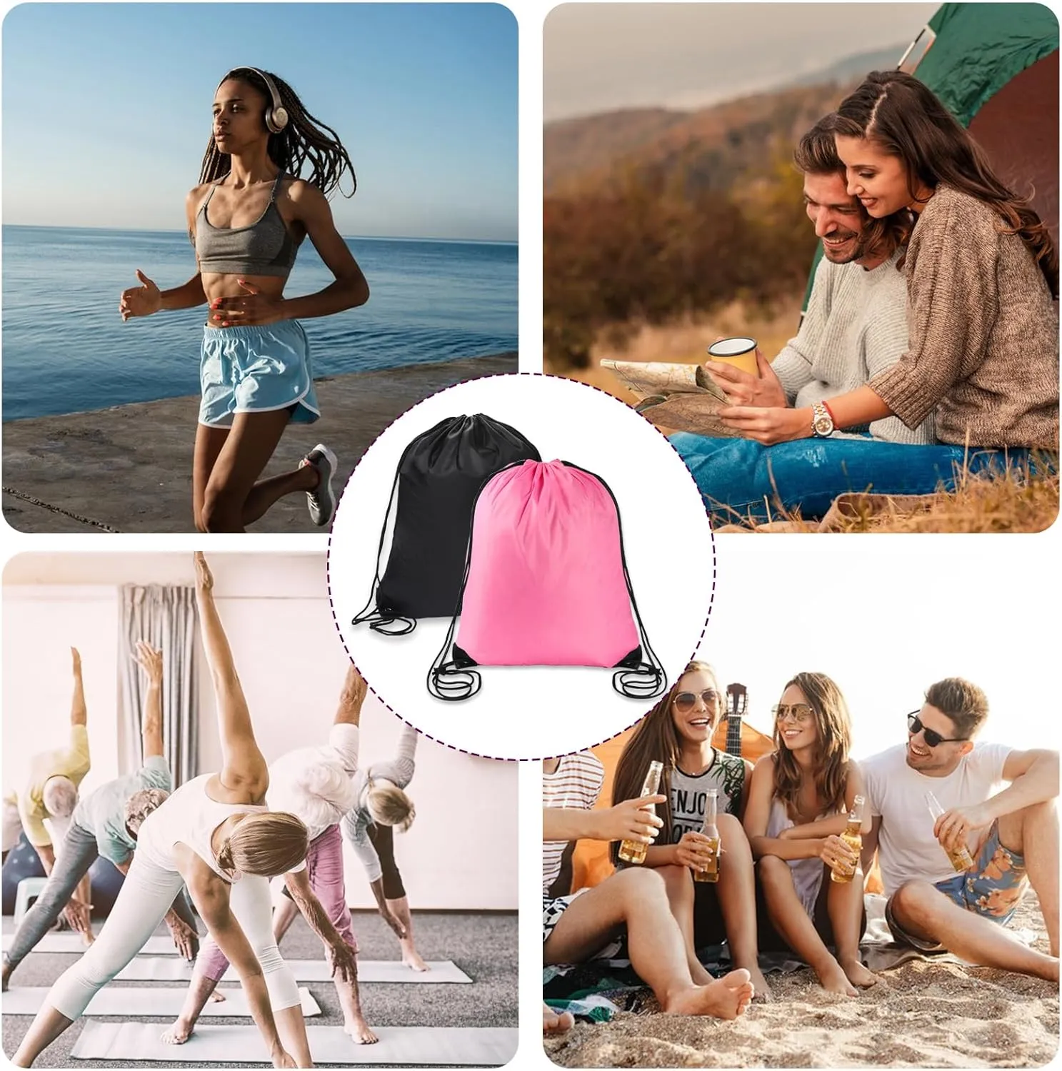 Sliverdew 2 Pcs Black Drawstring Backpacks - Pink & Black Sports Gym Bags for Women & Men