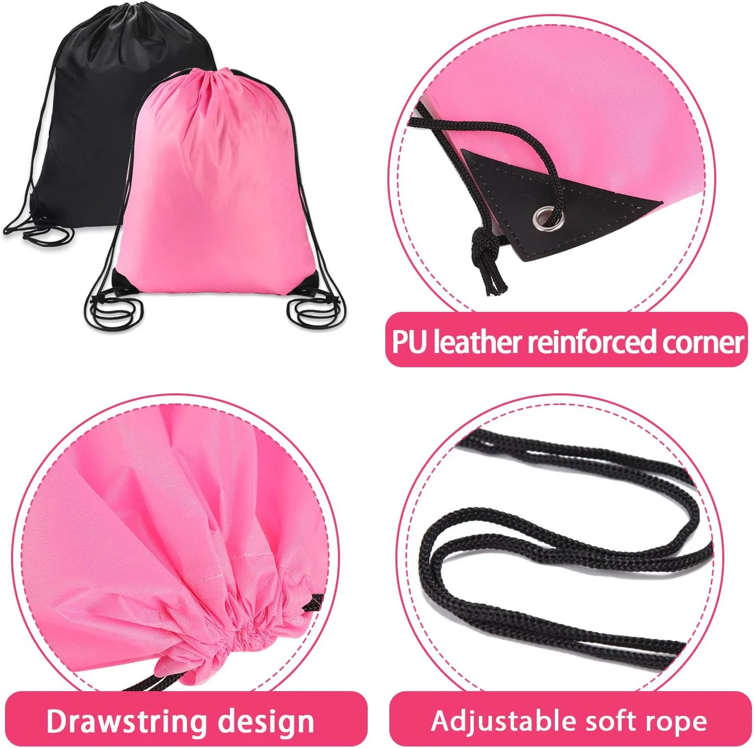 Sliverdew 2 Pcs Black Drawstring Backpacks - Pink & Black Sports Gym Bags for Women & Men