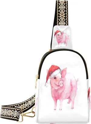 Small Sling Bag Fanny Packs Crossbody Bags for Women Cheerful Pig in Red Santa Hat Leather Fashion Chest Bag Belt Bag for Women for Travel Sports Running Hiking