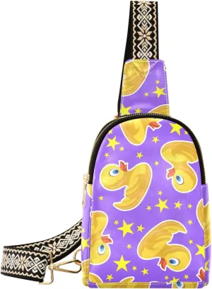 Small Sling Bag Fanny Packs Crossbody Bags for Women Cheerful Yellow Duck Stars Leather Fashion Chest Bag Belt Bag for Women for Travel Sports Running Hiking