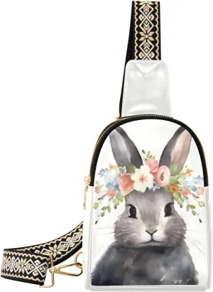 Small Sling Bag for Women,Cute Bunny PU Leather Crossbody Bags Chest Bag,Fashion Waist Packs with Adjustable Strap Hiking Traveling,A111362