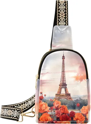 Small Sling Bag for Women,Eiffel Tower Flower PU Leather Crossbody Bags Chest Bag,Fashion Waist Packs with Adjustable Strap Hiking Traveling,A111472