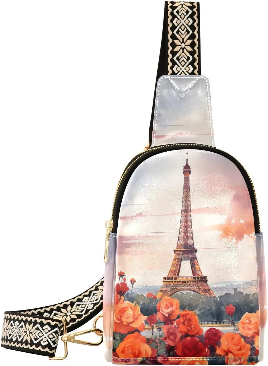Small Sling Bag for Women,Eiffel Tower Flower PU Leather Crossbody Bags Chest Bag,Fashion Waist Packs with Adjustable Strap Hiking Traveling,A111472