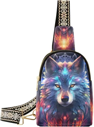 Small Sling Bag for Women,Flame Wolf PU Leather Crossbody Bags Chest Bag,Fashion Waist Packs with Adjustable Strap Hiking Traveling,A111185
