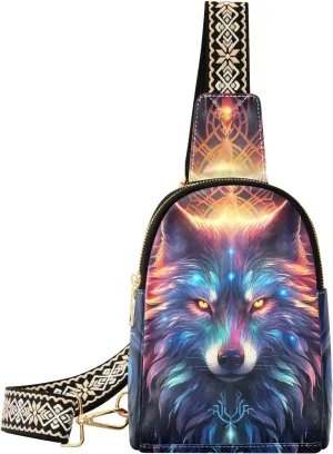 Small Sling Bag for Women,Flame Wolf PU Leather Crossbody Bags Chest Bag,Fashion Waist Packs with Adjustable Strap Hiking Traveling,A111190