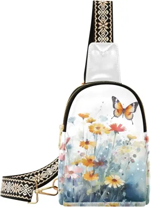 Small Sling Bag for Women,Floral Butterfly PU Leather Crossbody Bags Chest Bag,Fashion Waist Packs with Adjustable Strap Hiking Traveling,A110971