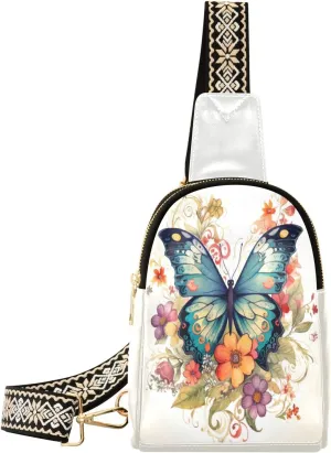 Small Sling Bag for Women,Flower Butterfly PU Leather Crossbody Bags Chest Bag,Fashion Waist Packs with Adjustable Strap Hiking Traveling,A111143