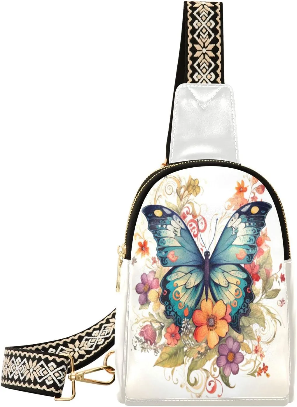 Small Sling Bag for Women,Flower Butterfly PU Leather Crossbody Bags Chest Bag,Fashion Waist Packs with Adjustable Strap Hiking Traveling,A111143