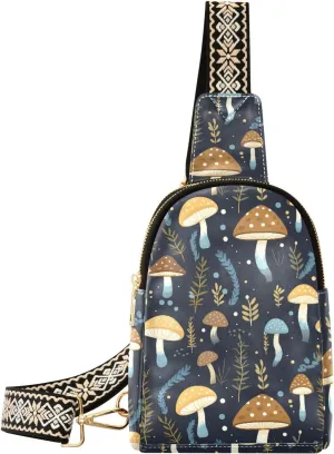 Small Sling Bag for Women,Mushroom PU Leather Crossbody Bags Chest Bag,Fashion Waist Packs with Adjustable Strap Hiking Traveling,A111497