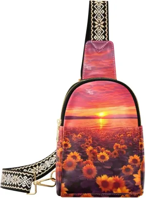 Small Sling Bag for Women,Sunflower PU Leather Crossbody Bags Chest Bag,Fashion Waist Packs with Adjustable Strap Hiking Traveling,A111332