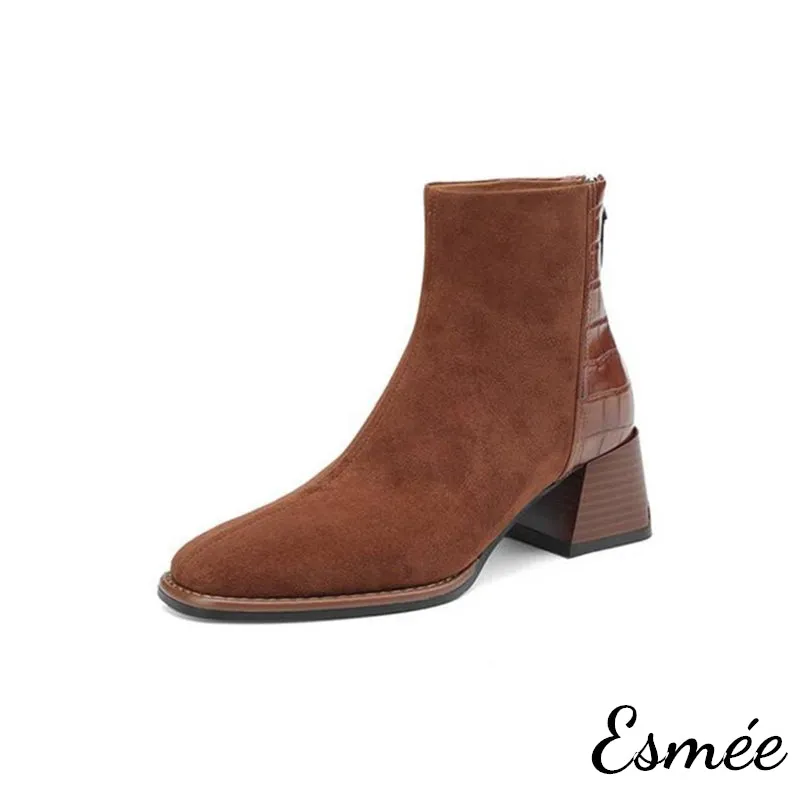 Suede High Heel Ankle Boots with Alligator Pattern Design