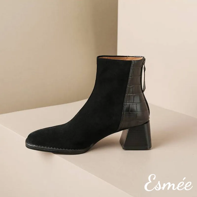 Suede High Heel Ankle Boots with Alligator Pattern Design