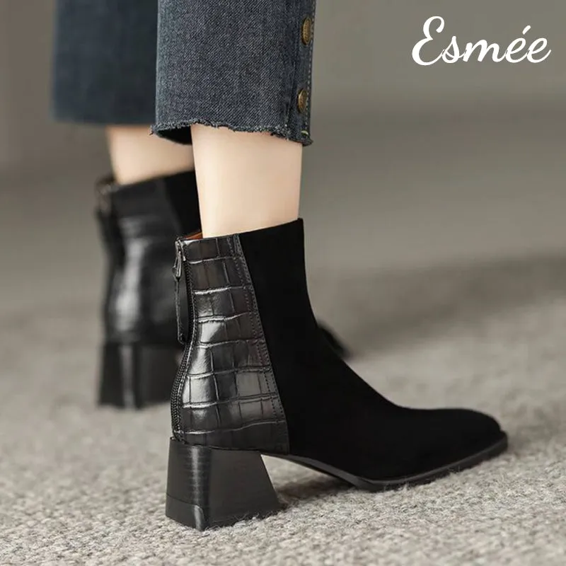 Suede High Heel Ankle Boots with Alligator Pattern Design