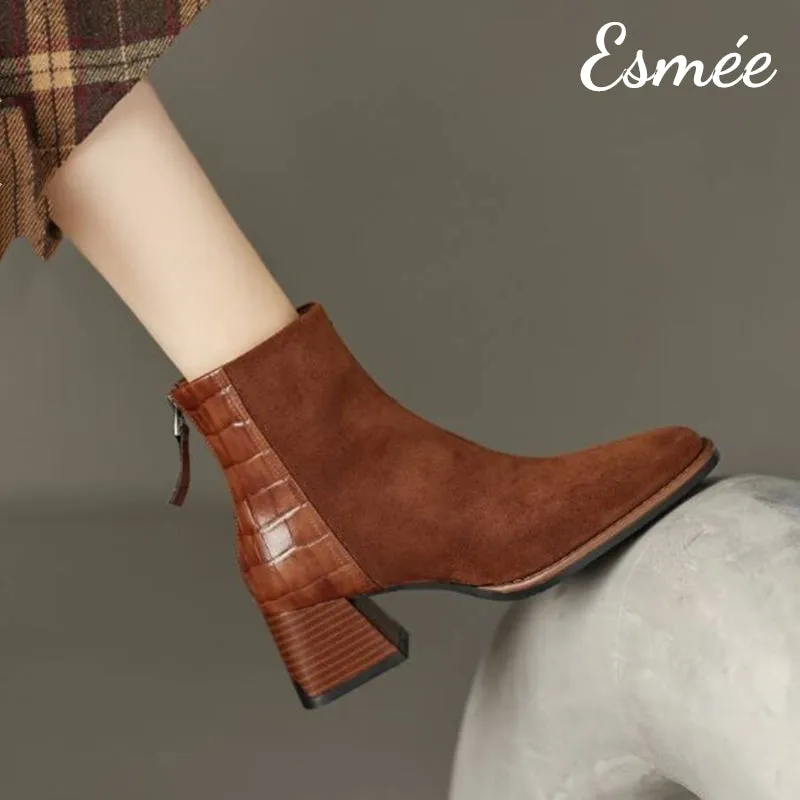 Suede High Heel Ankle Boots with Alligator Pattern Design