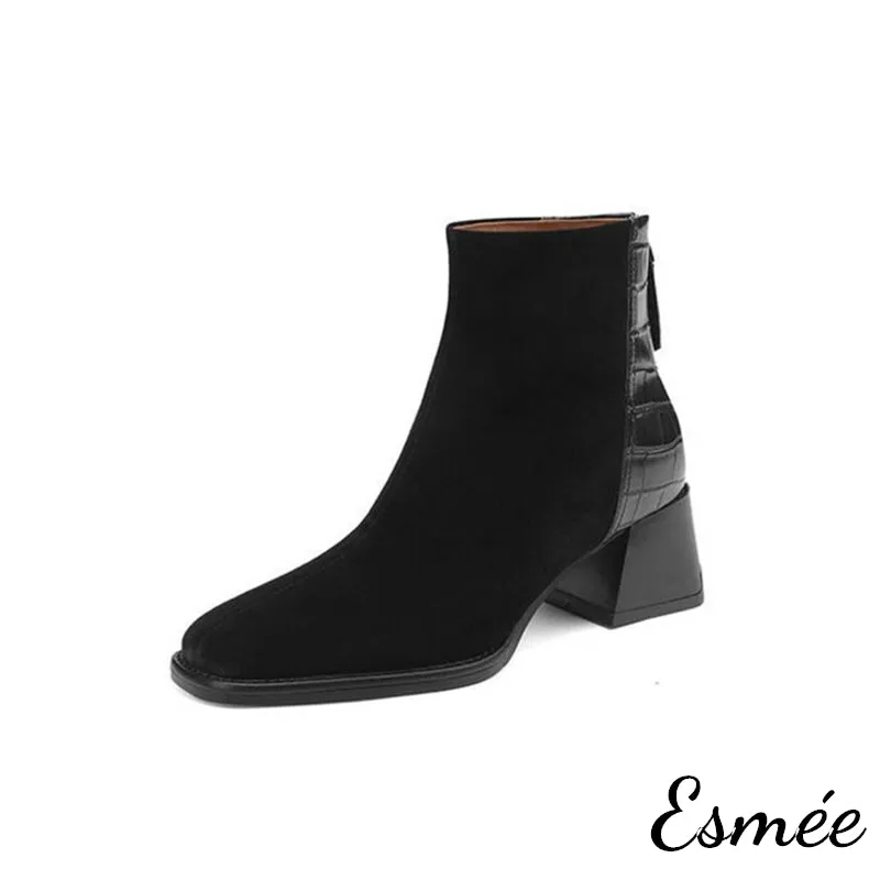 Suede High Heel Ankle Boots with Alligator Pattern Design