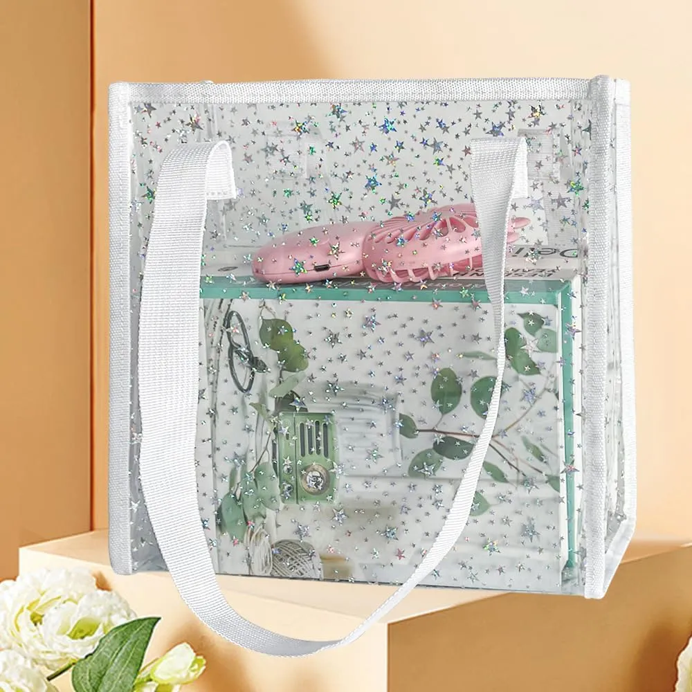 Transparent Tote Bag with Stars Pattern Print, Large Capacity Shopping Bag, Reusable Bag 10 x 9.83.9 inches