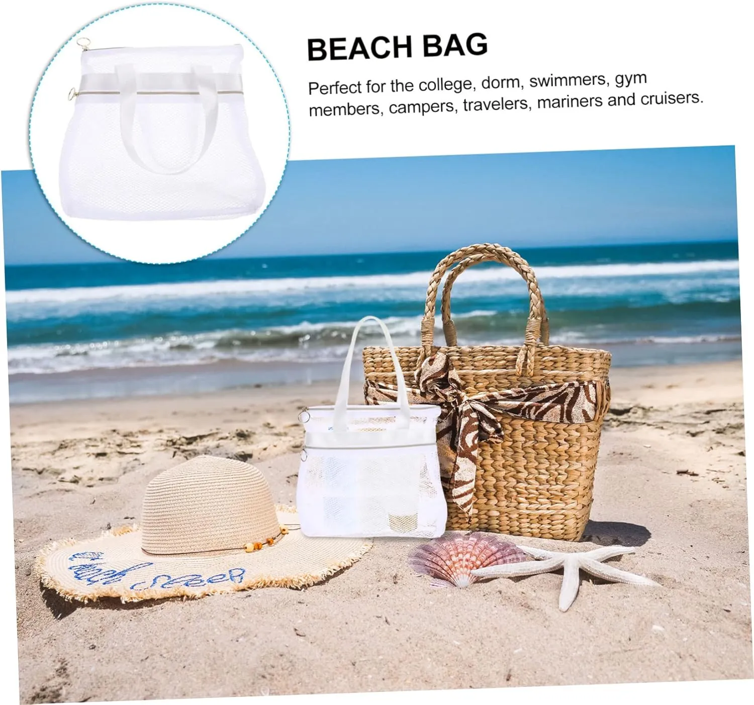 Travel Hanging Toiletry Bag Portable Mesh Beach Bag Large Capacity for Women Beach Reusable Tote