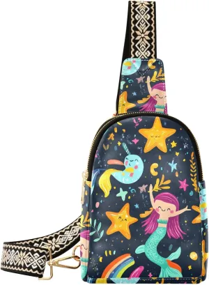 trendy Cartoon Mermaids Unicorns Rainbows Five-pointed Stars sling bags crossbody leather for women fanny pack for hiking