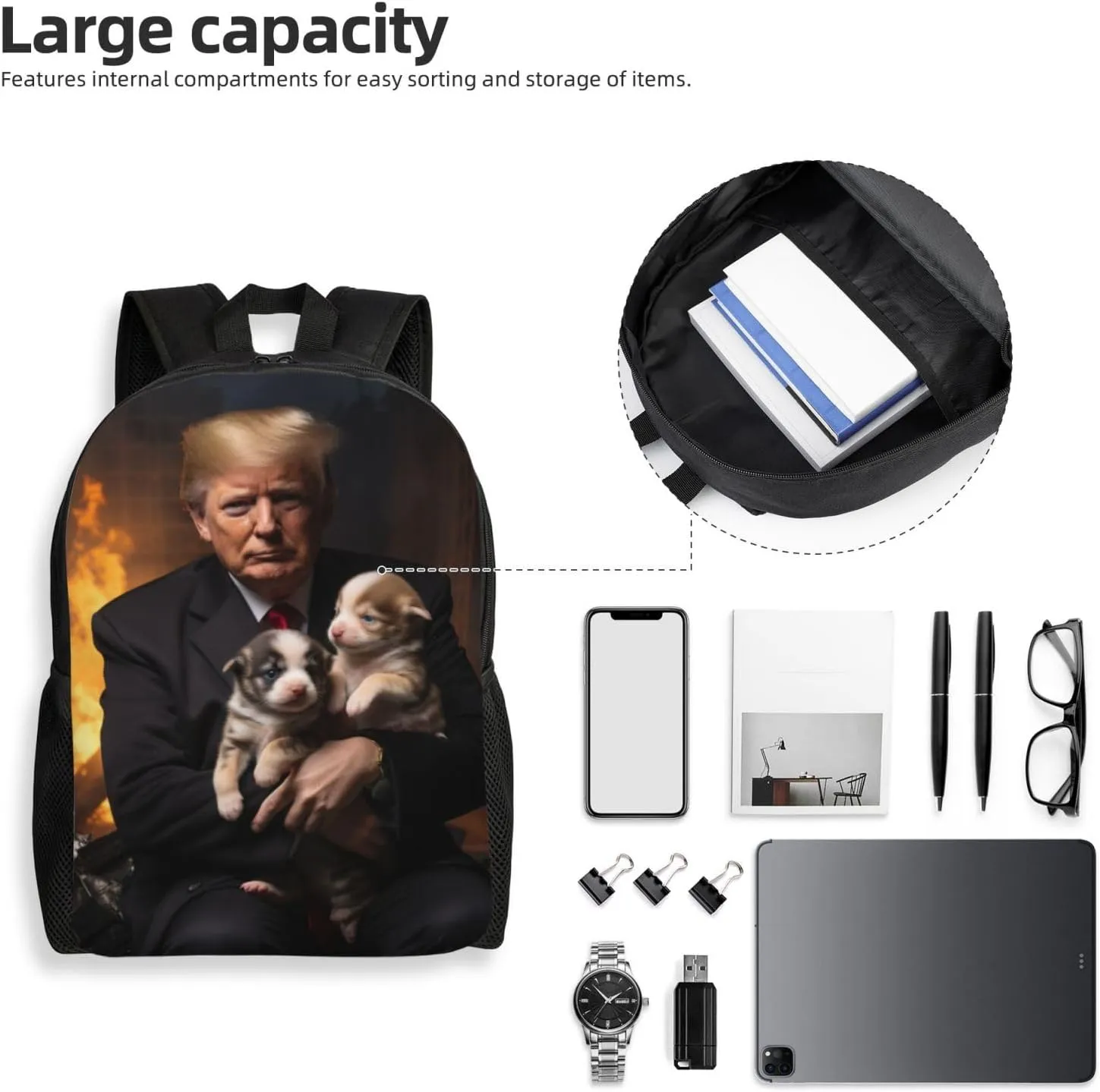 Trump Holding Dog Backpack Waterproof Anti Theft Durable Light Laptop Bag Backpacks For Women Men Travel Gym Backpack