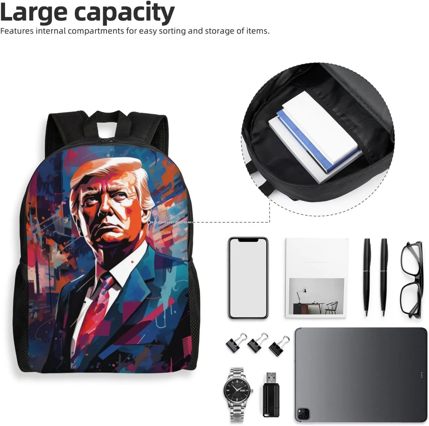 Trump Painting Backpack Waterproof Anti Theft Durable Light Laptop Bag Backpacks For Women Men Travel Gym Backpack