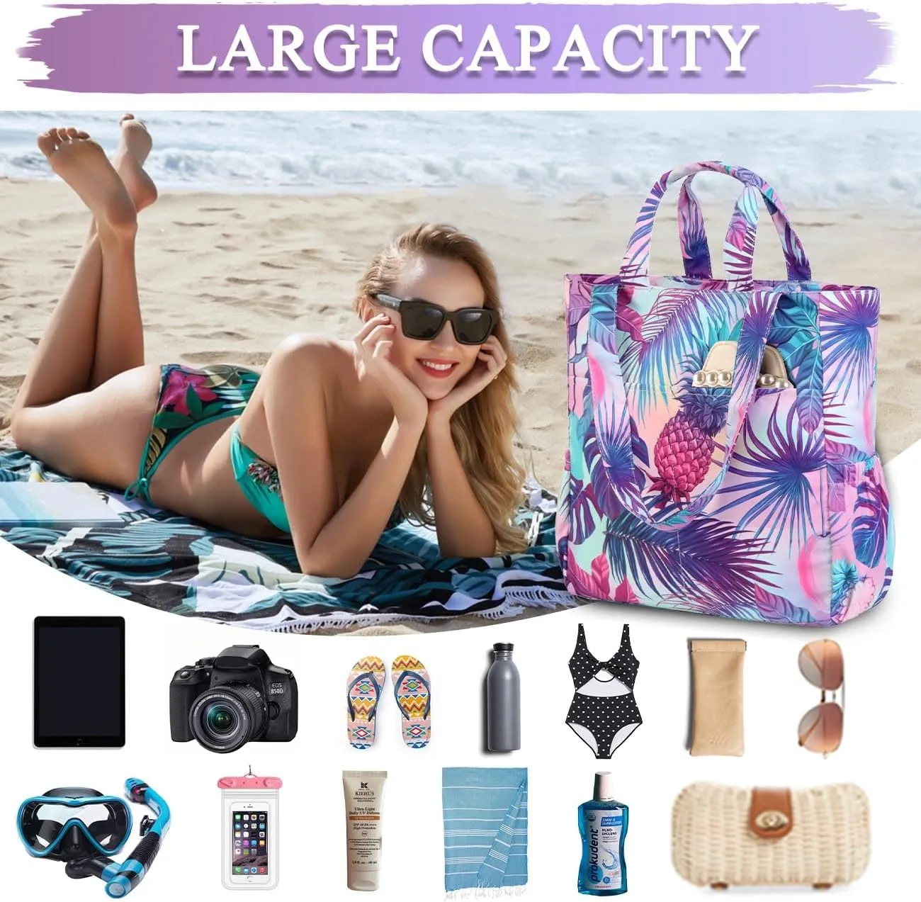 VASCHY Beach Tote Bag for Women, Lightweight Water Resistant Fold-able Large Pool Tote Bag w Zipper for Vocation