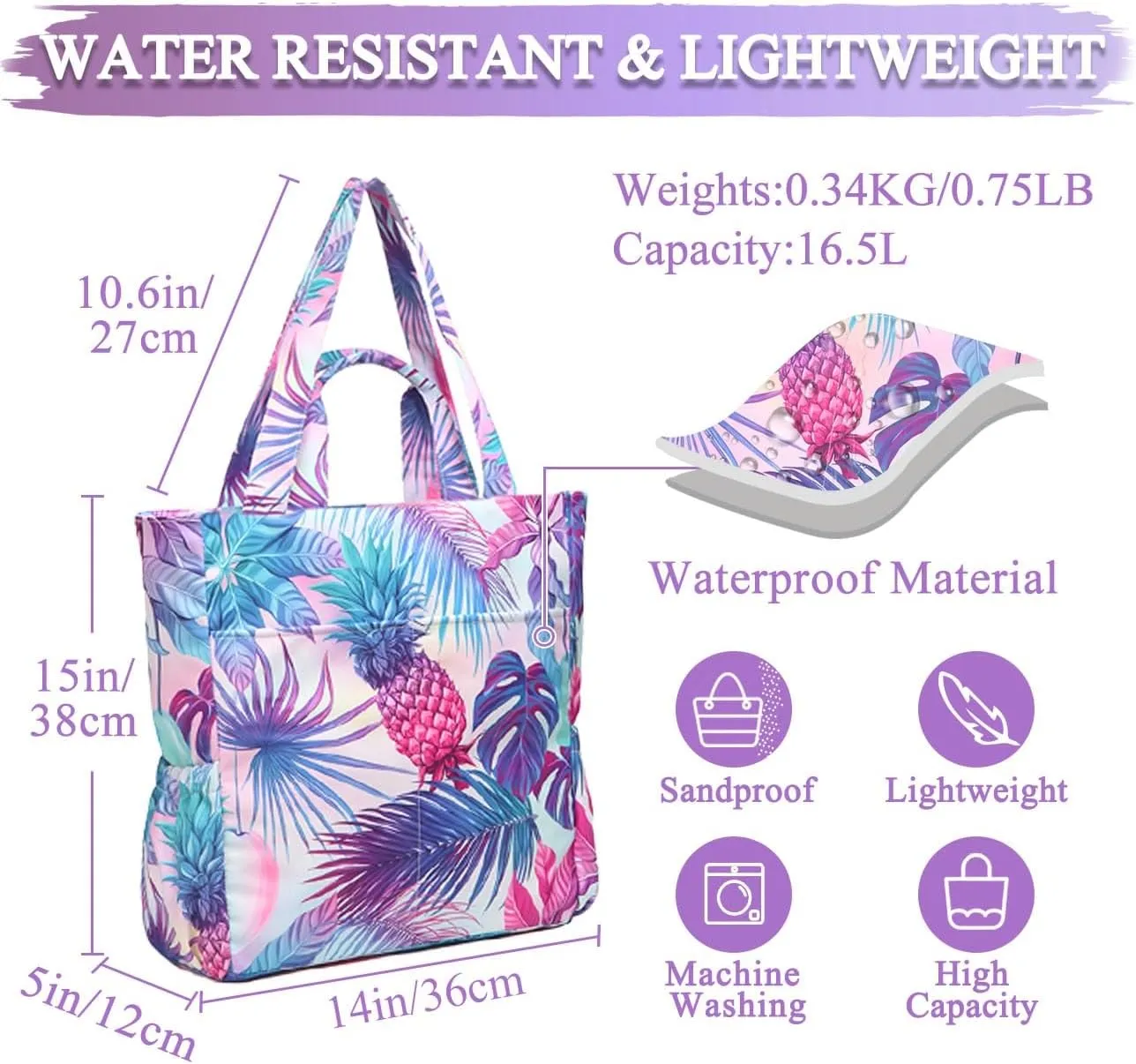 VASCHY Beach Tote Bag for Women, Lightweight Water Resistant Fold-able Large Pool Tote Bag w Zipper for Vocation