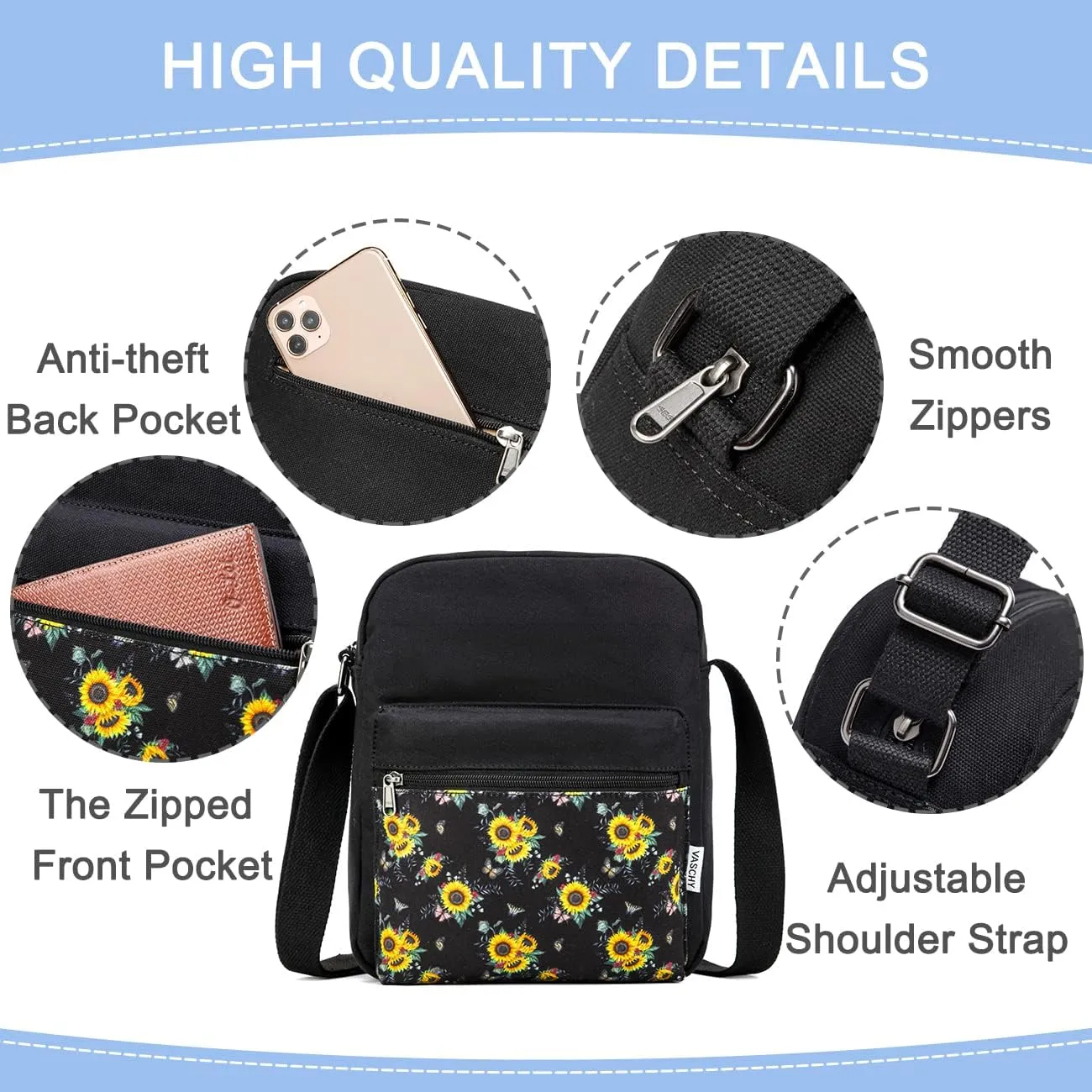 VASCHY Messenger Bag for Girls, Lightweight Canvas Crossbody Bag Purse for Teen Girls Women Fits Water Bottle