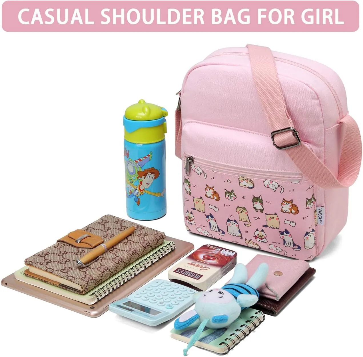 VASCHY Messenger Bag for Girls, Lightweight Canvas Crossbody Bag Purse for Teen Girls Women Fits Water Bottle