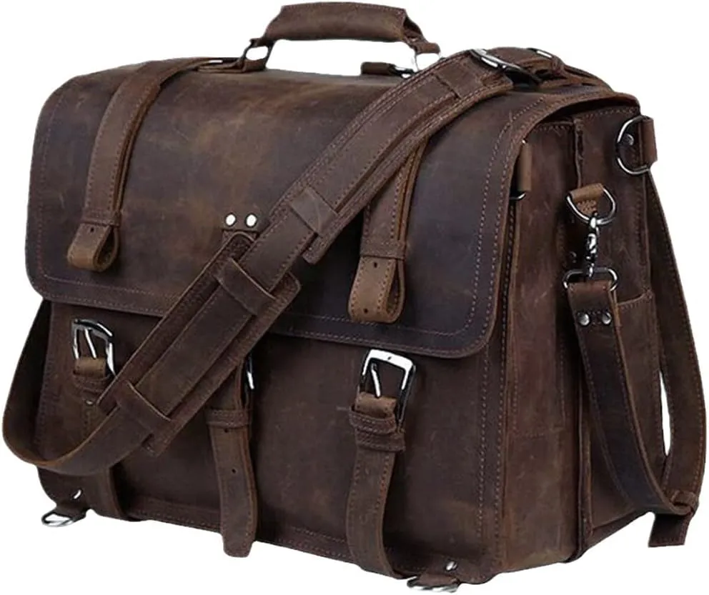 Vintage Crazy Horse Genuine Leather Men Briefcase Business Office Bag Leather Briefcase 15.6" Laptop Shoulder Bag