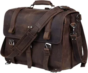 Vintage Crazy Horse Genuine Leather Men Briefcase Business Office Bag Leather Briefcase 15.6" Laptop Shoulder Bag