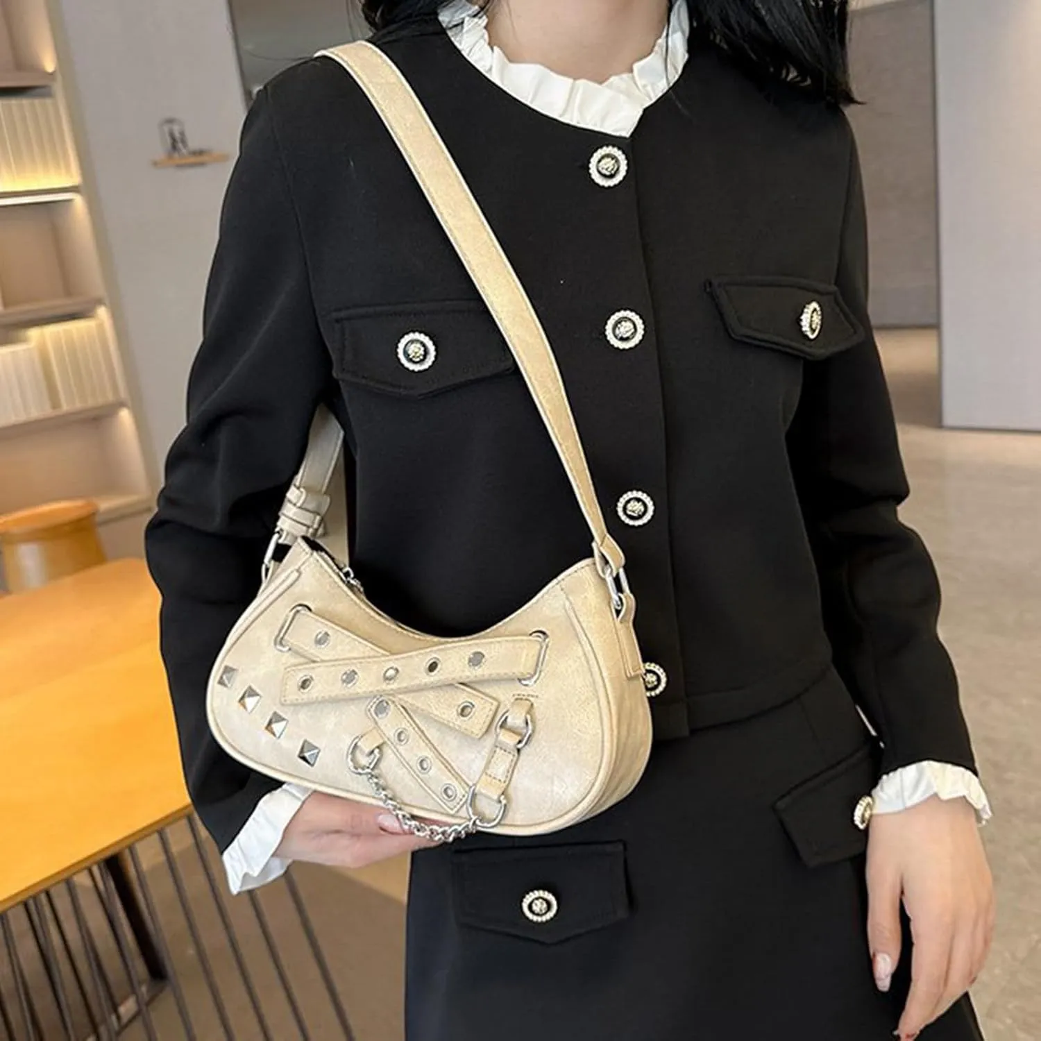 Vintage Inspired Shoulder Bag PU Leather Underarm Bags Rivet Handbag Casual Satchel Beach Handbags for Everyday Use