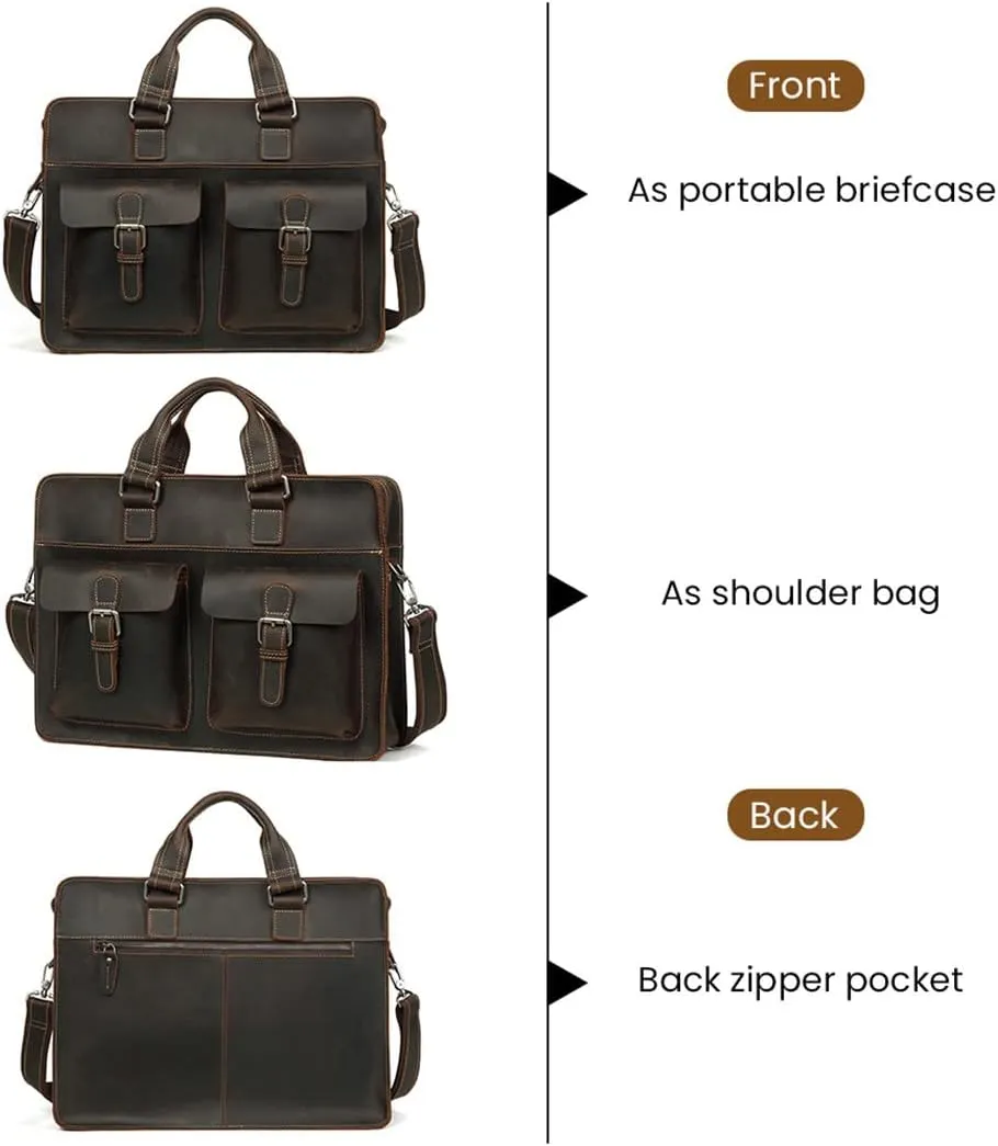 Vintage Men's Genuine Leather Briefcase Crazy Horse Leather Messenger Bag 15.6" Laptop Business Travel Bag