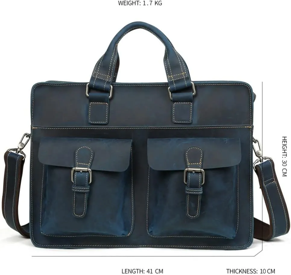 Vintage Men's Genuine Leather Briefcase Crazy Horse Leather Messenger Bag 15.6" Laptop Business Travel Bag