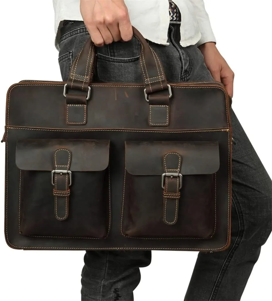 Vintage Men's Genuine Leather Briefcase Crazy Horse Leather Messenger Bag 15.6" Laptop Business Travel Bag