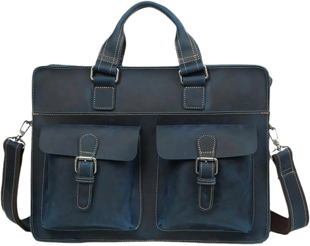 Vintage Men's Genuine Leather Briefcase Crazy Horse Leather Messenger Bag 15.6" Laptop Business Travel Bag