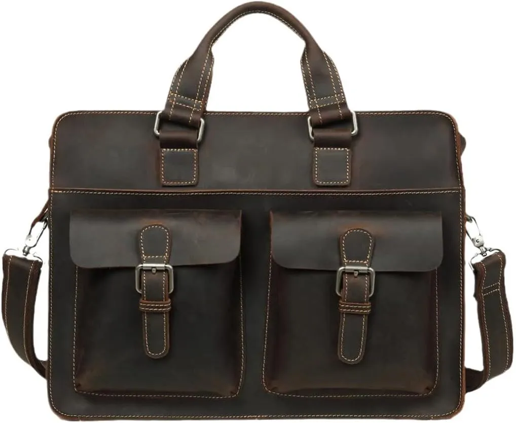 Vintage Men's Genuine Leather Briefcase Crazy Horse Leather Messenger Bag 15.6" Laptop Business Travel Bag