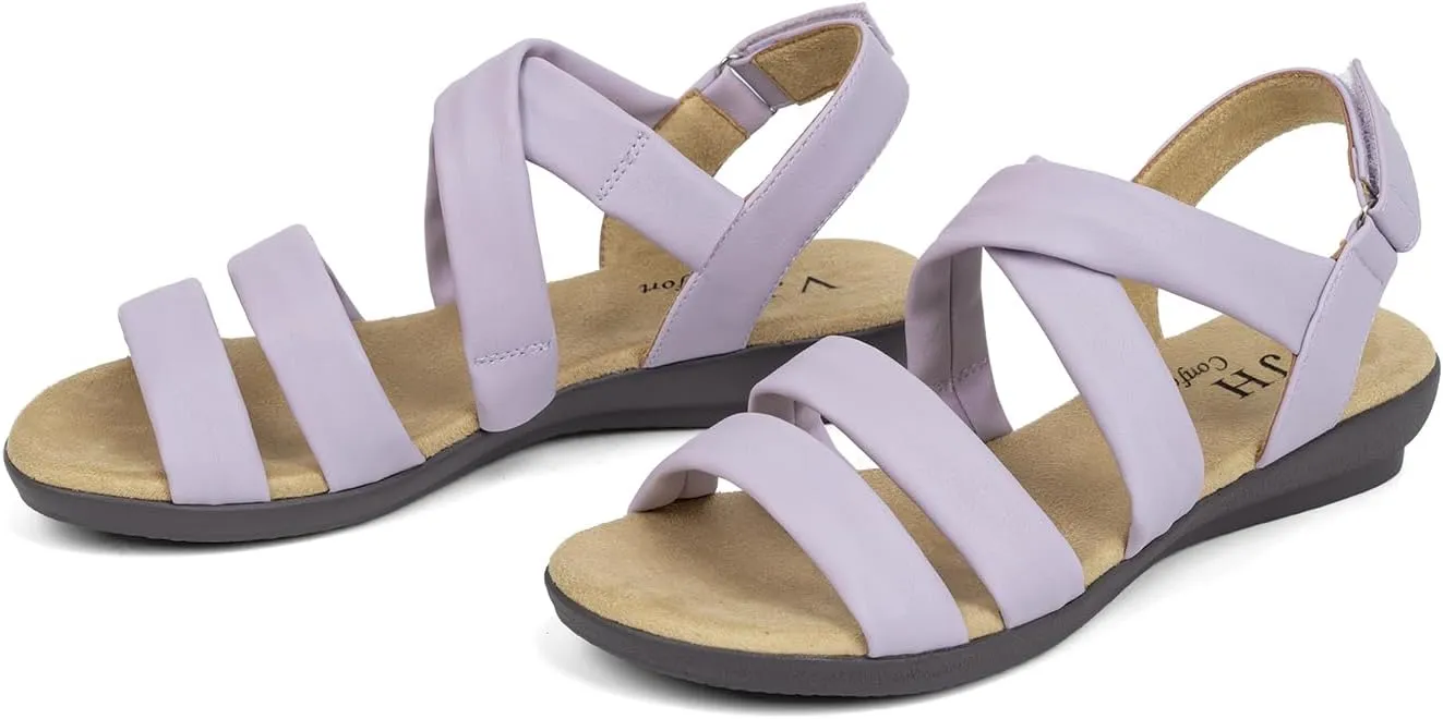 VJH confort Womens Flat Sandals, Soft Straps Slip-on Open Toe Light Weight Elastic Slingback Comfort Casual Walking Sandals