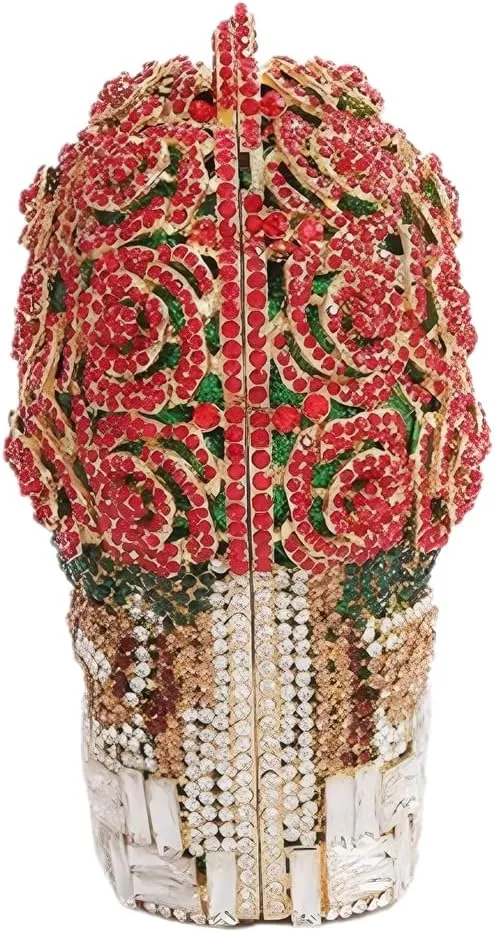 Women Luxury 3D Basket of Red Roses Rhinestone Purse Minaudiere Bag Floral Crystal Evening Clutch for Party Banquet