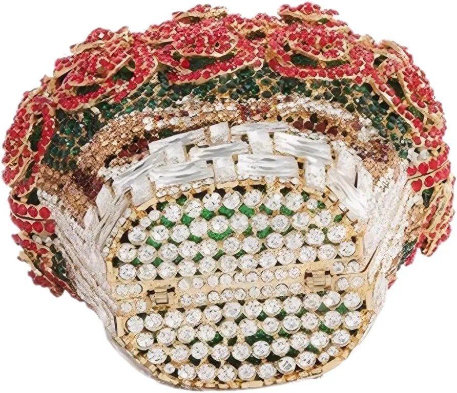Women Luxury 3D Basket of Red Roses Rhinestone Purse Minaudiere Bag Floral Crystal Evening Clutch for Party Banquet