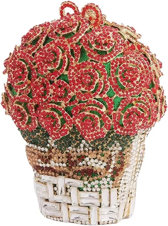 Women Luxury 3D Basket of Red Roses Rhinestone Purse Minaudiere Bag Floral Crystal Evening Clutch for Party Banquet