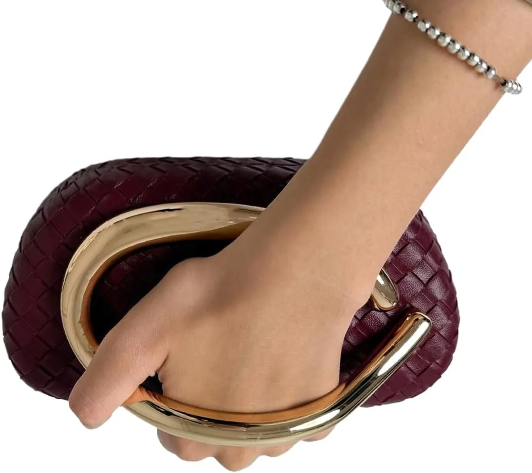 Women PU Leather Evening Clutch Metal Handle Handbag Trendy Weave Crossbody Bag Casual Clutch Purse for Wedding