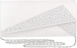 Women Satin Rhinestones Evening Bags Prom Bridal Clutch Purse Cross Body With Detachable Chain Strap
