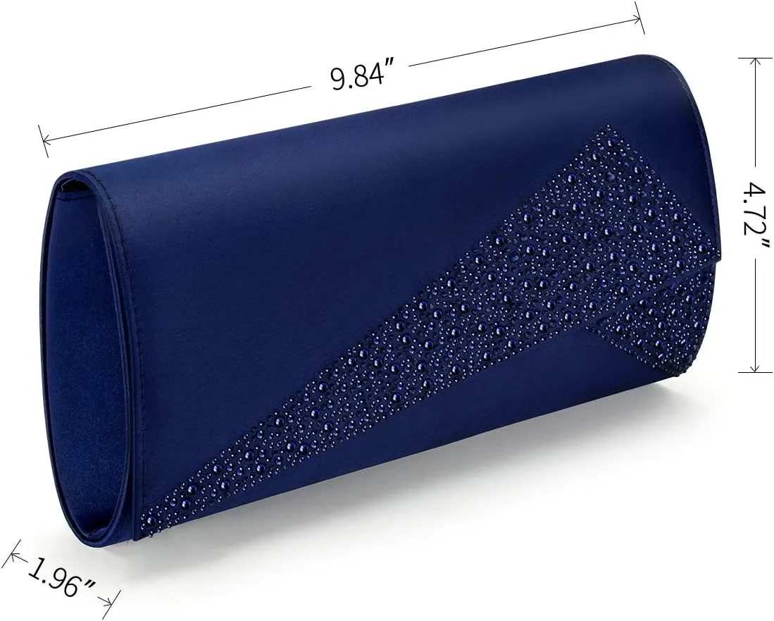Women Satin Rhinestones Evening Bags Prom Bridal Clutch Purse Cross Body With Detachable Chain Strap