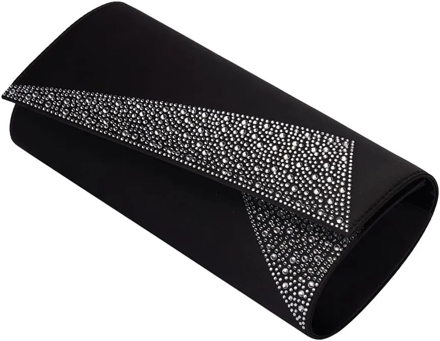 Women Satin Rhinestones Evening Bags Prom Bridal Clutch Purse Cross Body With Detachable Chain Strap