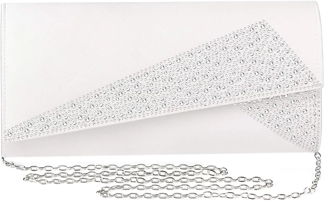 Women Satin Rhinestones Evening Bags Prom Bridal Clutch Purse Cross Body With Detachable Chain Strap