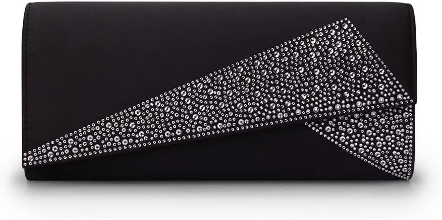 Women Satin Rhinestones Evening Bags Prom Bridal Clutch Purse Cross Body With Detachable Chain Strap