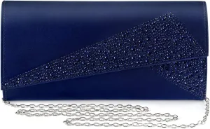 Women Satin Rhinestones Evening Bags Prom Bridal Clutch Purse Cross Body With Detachable Chain Strap
