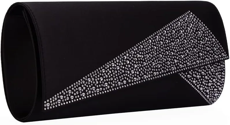 Women Satin Rhinestones Evening Bags Prom Bridal Clutch Purse Cross Body With Detachable Chain Strap